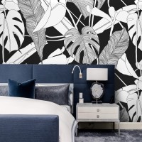 Tropical wallpaper large leaves black and white