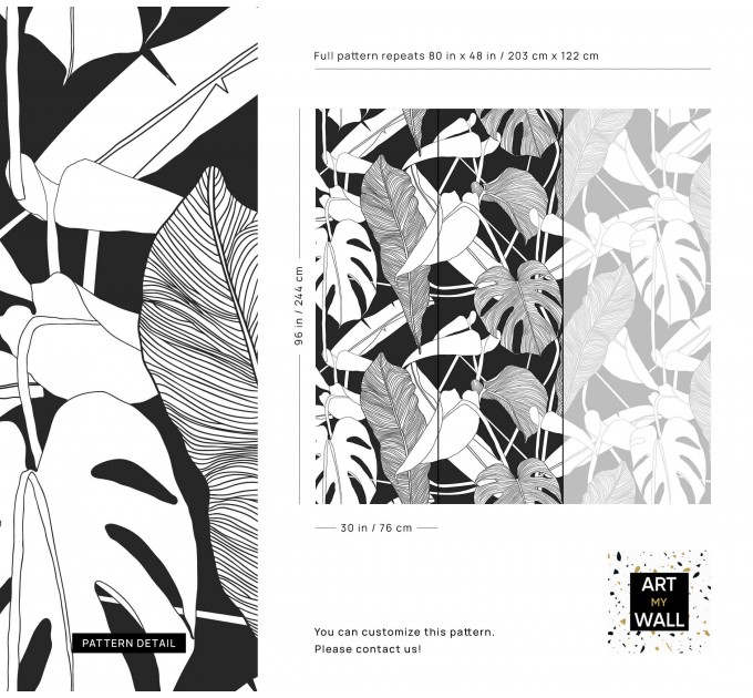 Tropical wallpaper large leaves black and white