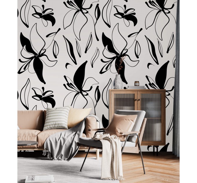 Floral wallpaper minimalist abstract flowers black and white