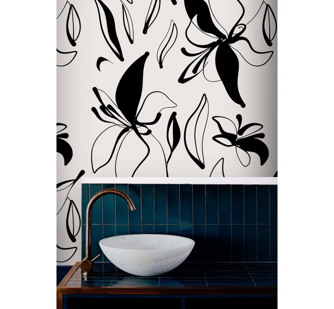 Floral wallpaper minimalist abstract flowers black and white