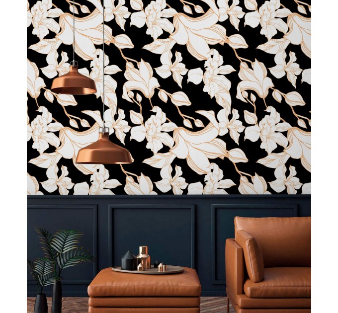 Statement floral wallpaper, white flowers on black