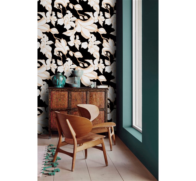 Statement floral wallpaper, white flowers on black