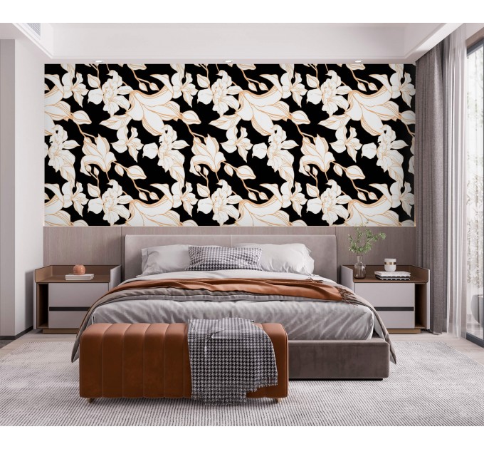 Statement floral wallpaper, white flowers on black