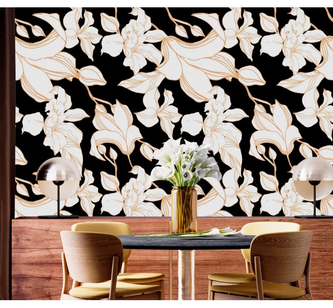 Statement floral wallpaper, white flowers on black