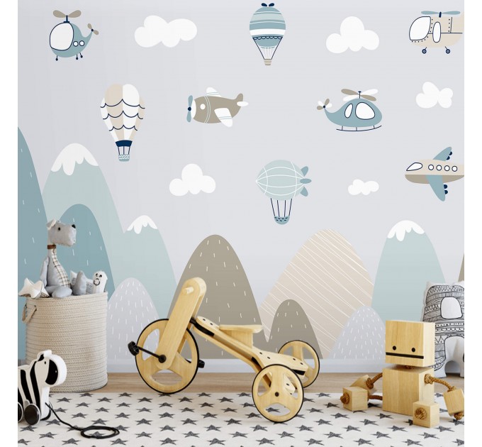 Boys wall mural mountains and planes nursery wallpaper