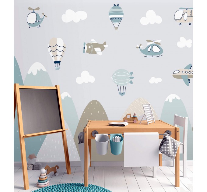Boys wall mural mountains and planes nursery wallpaper