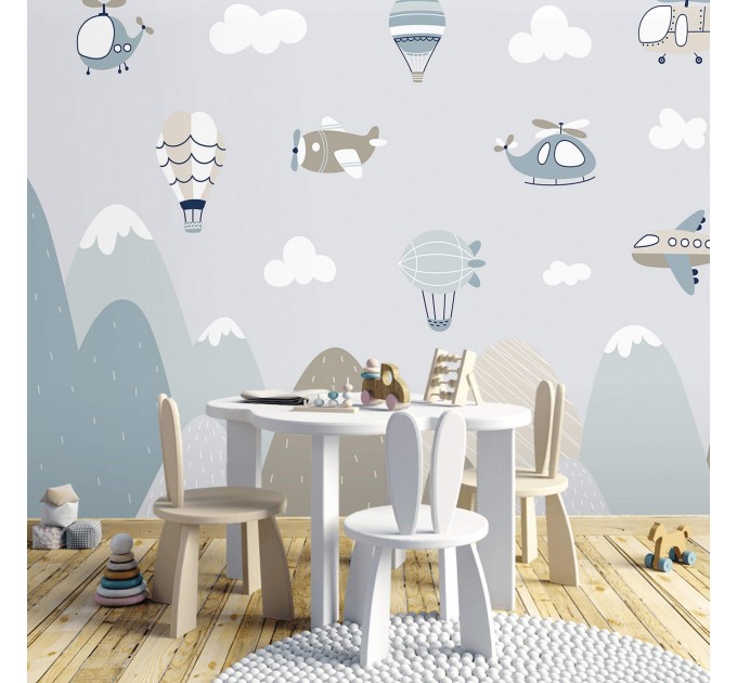 Boys wall mural mountains and planes nursery wallpaper