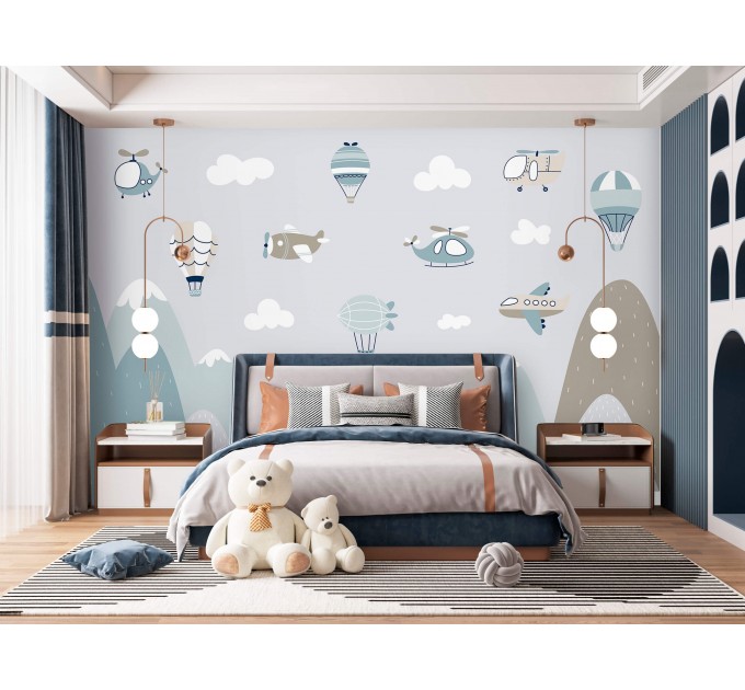 Boys wall mural mountains and planes nursery wallpaper