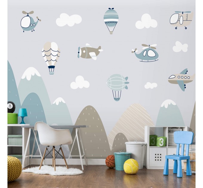 Boys wall mural mountains and planes nursery wallpaper