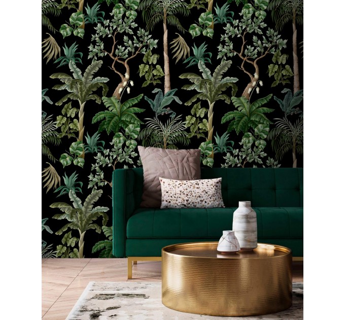 Dark botanical wallpaper palms and trees, tropical wall