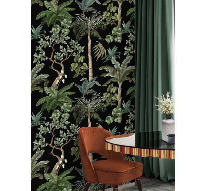 Dark botanical wallpaper palms and trees, tropical wall