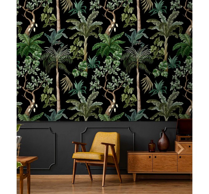 Dark botanical wallpaper palms and trees, tropical wall