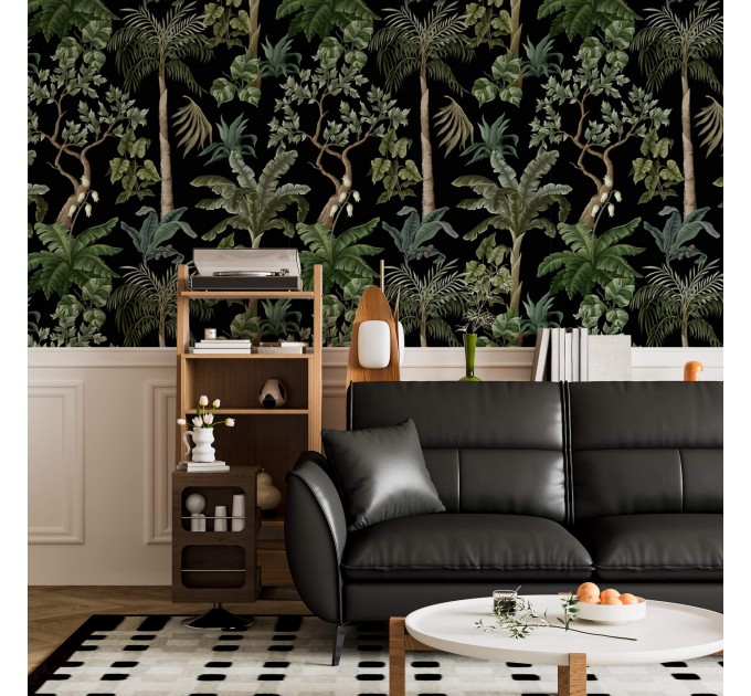 Dark botanical wallpaper palms and trees, tropical wall