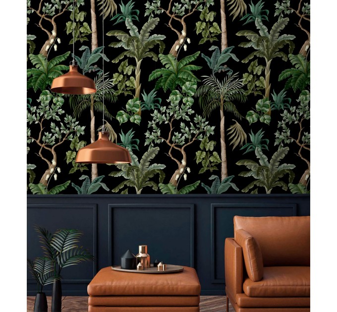 Dark botanical wallpaper palms and trees, tropical wall