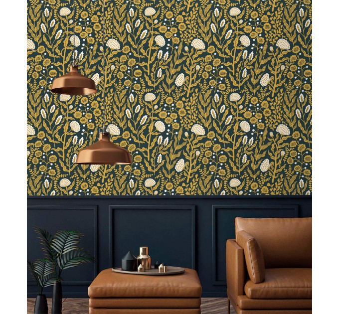 Floral wallpaper botanical on dark, accent wall decor