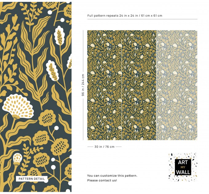 Floral wallpaper botanical on dark, accent wall decor