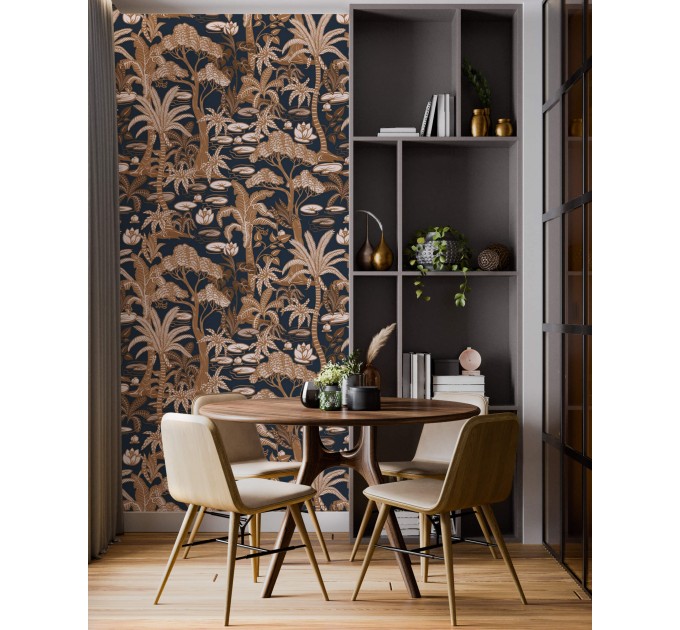 Dark tropical wallpaper palms, accent wall