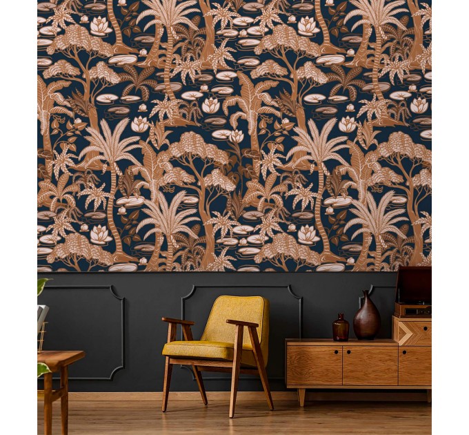 Dark tropical wallpaper palms, accent wall