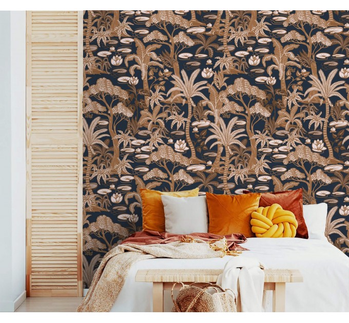 Dark tropical wallpaper palms, accent wall