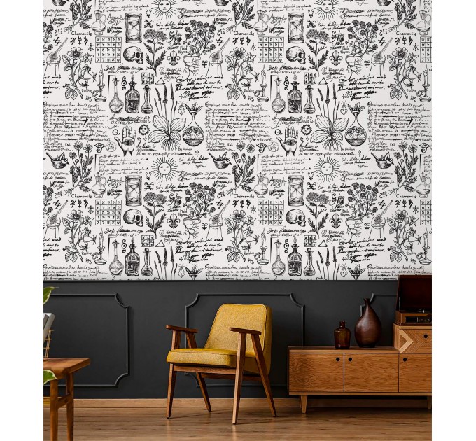 Alchemy motives vintage wallpaper herbs medicine theme