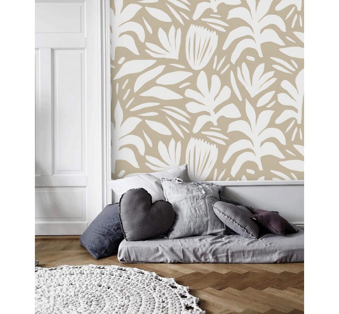 Neutral wallpaper minimalist abstract leaves light beige