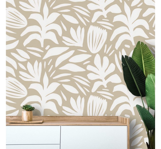 Neutral wallpaper minimalist abstract leaves light beige
