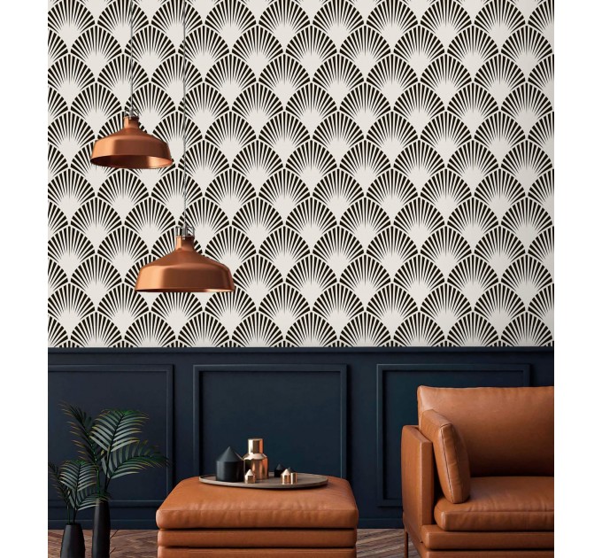 Bold Art deco wallpaper, black and white fans