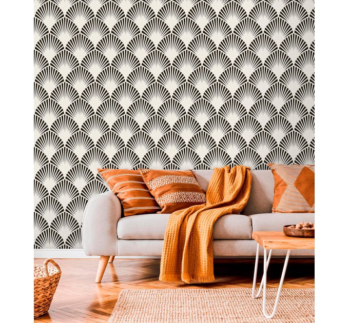 Bold Art deco wallpaper, black and white fans