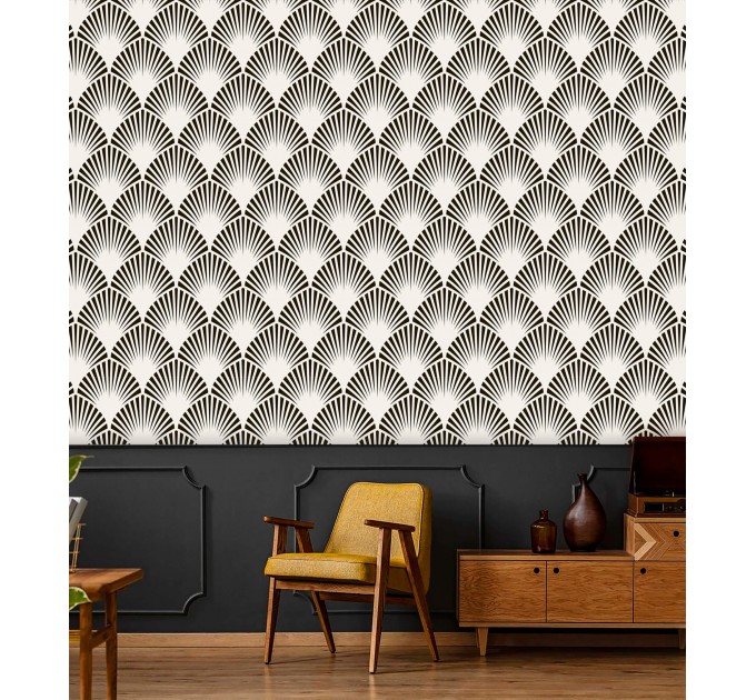 Bold Art deco wallpaper, black and white fans