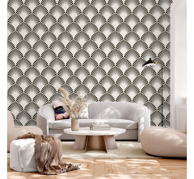 Bold Art deco wallpaper, black and white fans