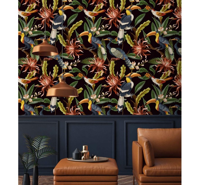 Dark tropical wallpaper Bright colorful plants and birds