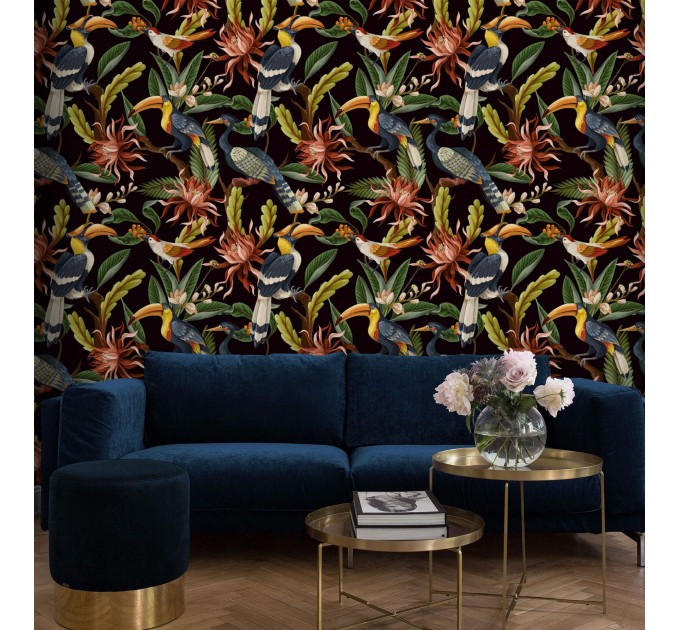 Dark tropical wallpaper Bright colorful plants and birds