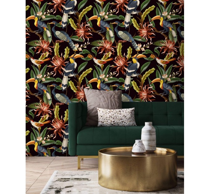 Dark tropical wallpaper Bright colorful plants and birds