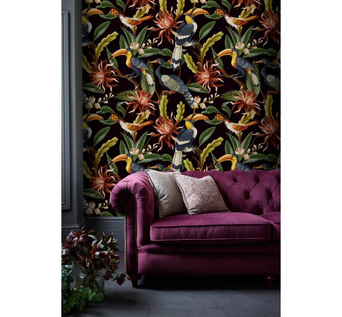 Dark tropical wallpaper Bright colorful plants and birds