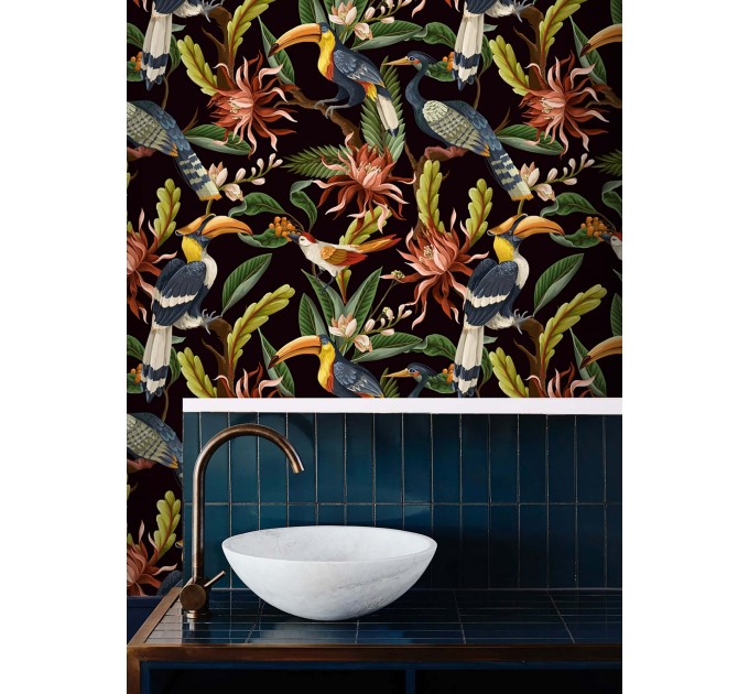 Dark tropical wallpaper Bright colorful plants and birds