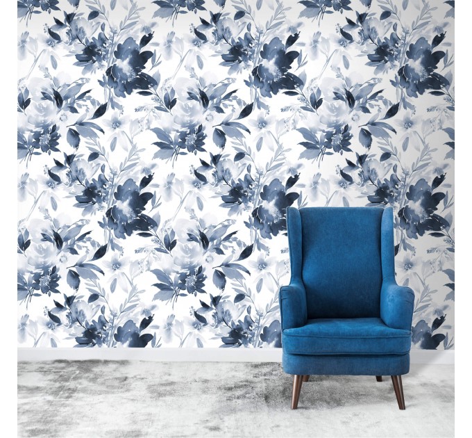 Floral wallpaper watercolor blue white flowers