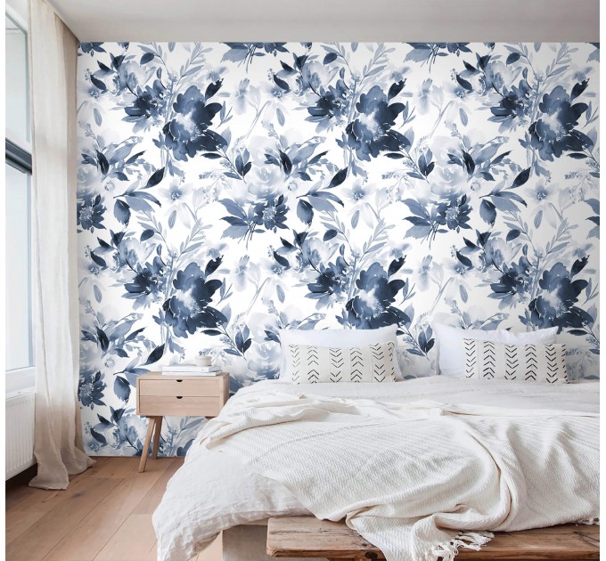Floral wallpaper watercolor blue white flowers