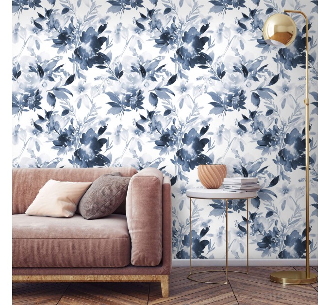 Floral wallpaper watercolor blue white flowers