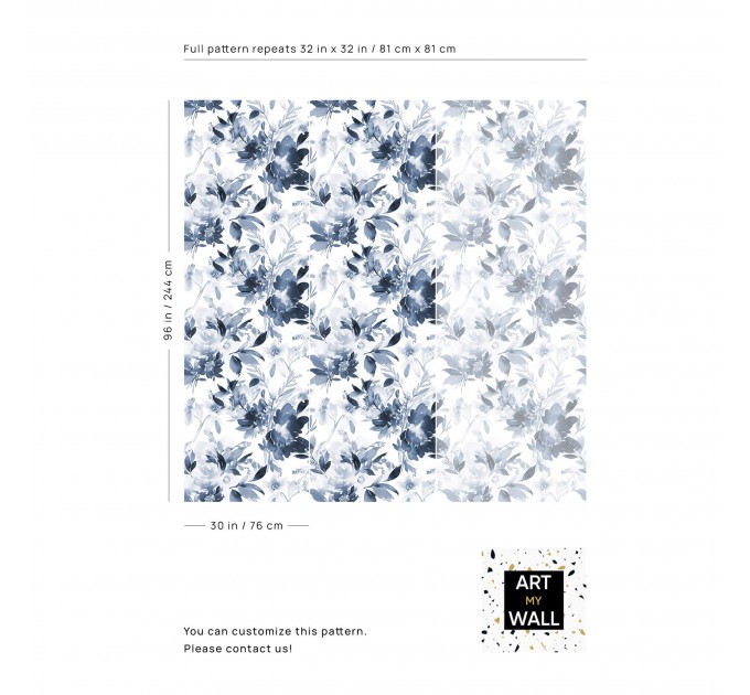 Floral wallpaper watercolor blue white flowers