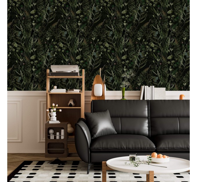 Dark botanical wallpaper leaves and herbs