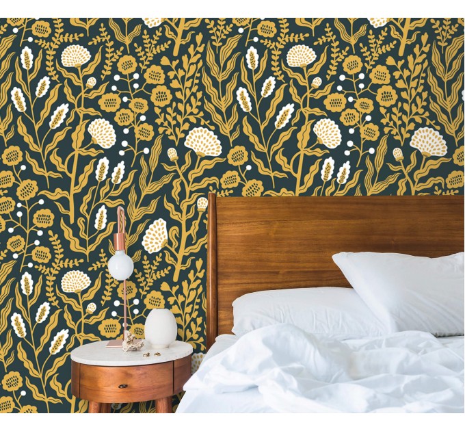 Floral wallpaper botanical on dark, accent wall decor