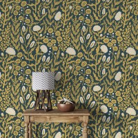 Floral wallpaper botanical on dark, accent wall decor