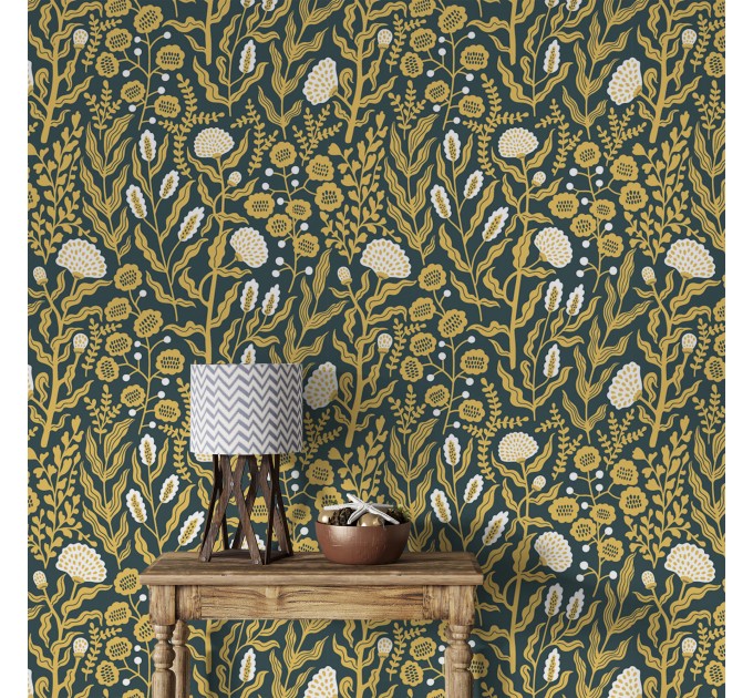 Floral wallpaper botanical on dark, accent wall decor