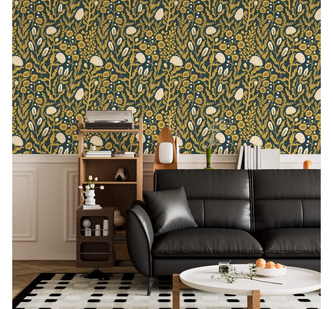 Floral wallpaper botanical on dark, accent wall decor