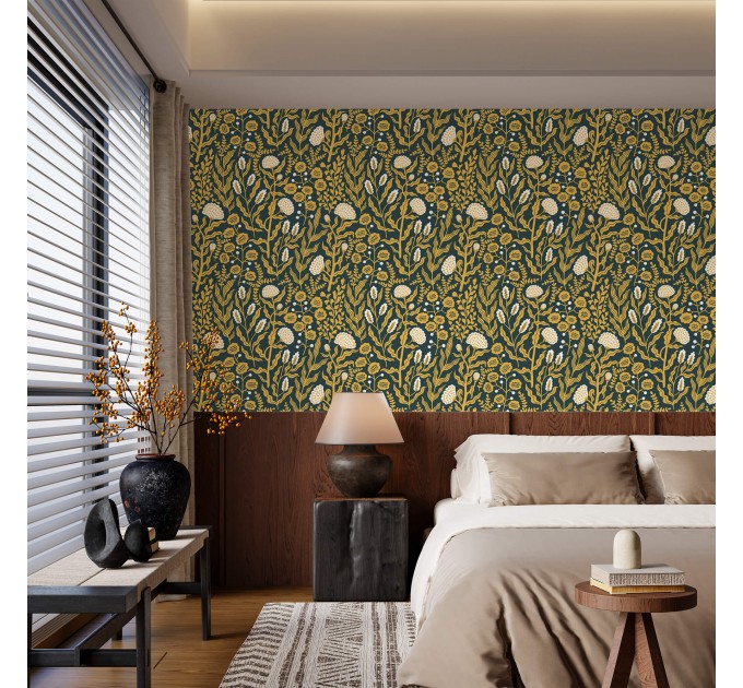 Floral wallpaper botanical on dark, accent wall decor