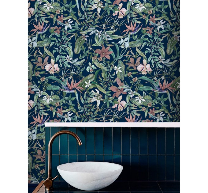 Dark floral wallpaper wildflowers and herbs on dark blue