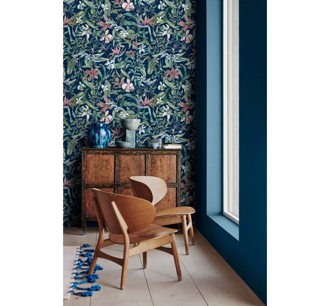 Dark floral wallpaper wildflowers and herbs on dark blue