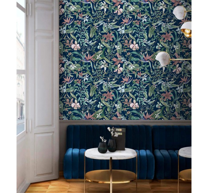 Dark floral wallpaper wildflowers and herbs on dark blue