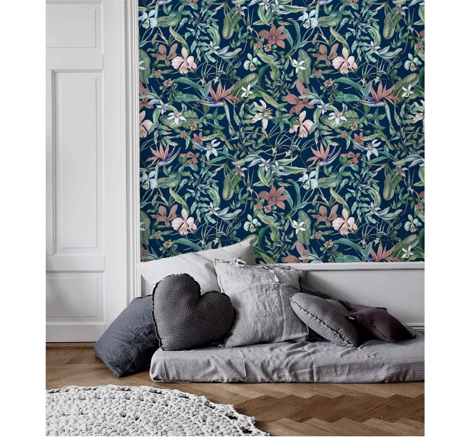 Dark floral wallpaper wildflowers and herbs on dark blue