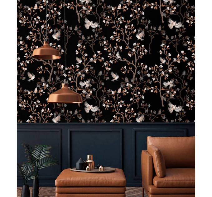 Dark floral wallpaper with birds Chinoiserie style
